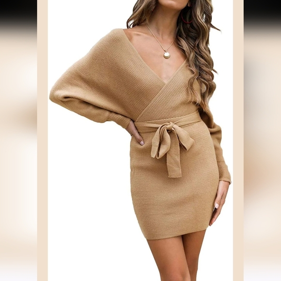 ZESICA Wrap belted Knitted Crossover bodycon mini dress in Camel. Size S NWT - Picture 4 of 13